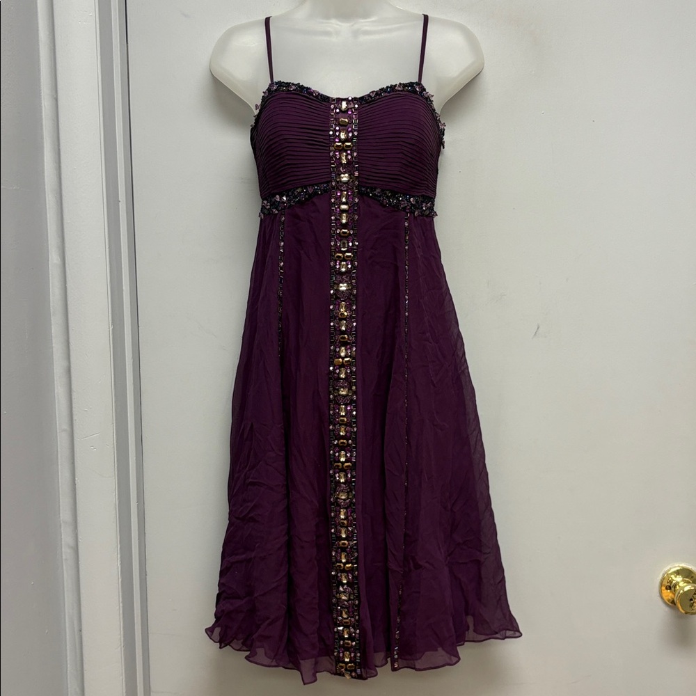 Sue Wong Nocturne Beaded Silk Chiffon Cocktail Dress – Plum Purple | Size 8